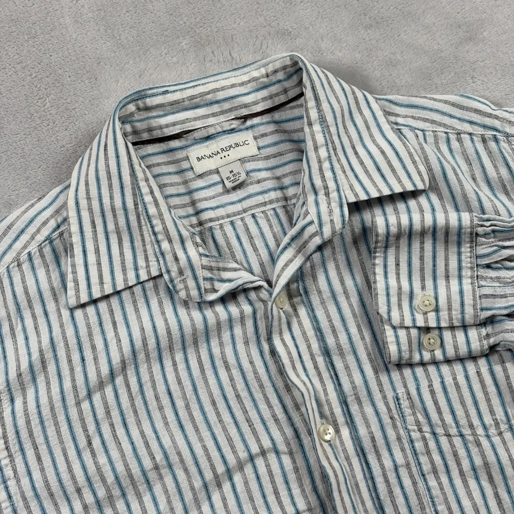 Banana Republic Mens Medium Linen Blend Striped Button Down Shirt Blue White